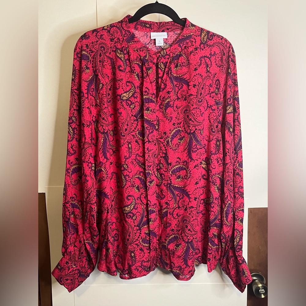 Liz Claiborne Women’s Sz XL Mulberry Pink Paisley Keyhole Balloon Sleeve Blouse
